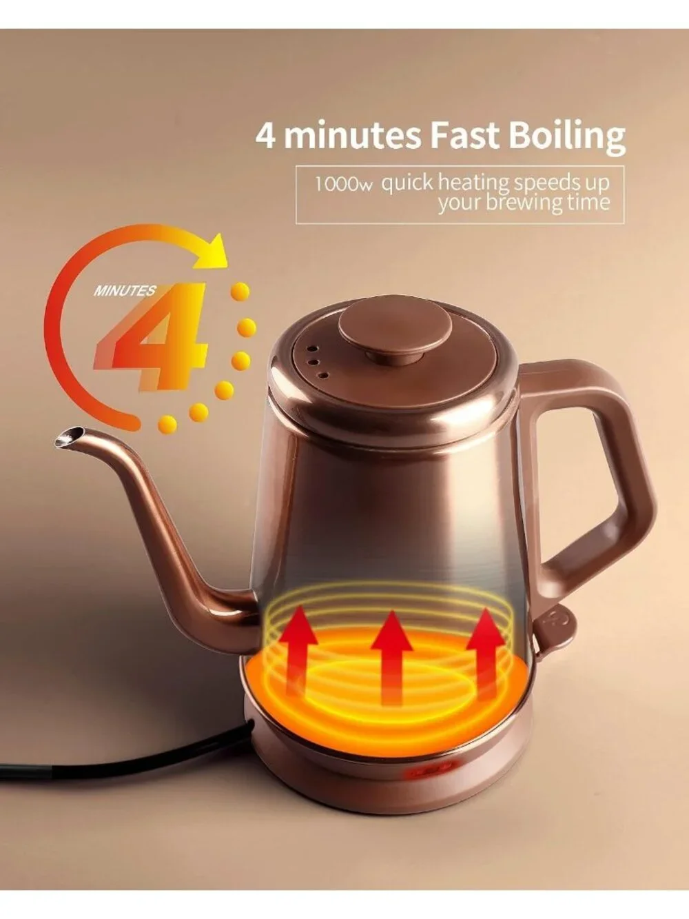 1.0L Copper Gooseneck Electric Kitchen Kettle Stainless Steel BPA Free Pour Over